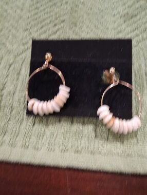 Gold Hoop Earrings with White Bead Accents Clip On